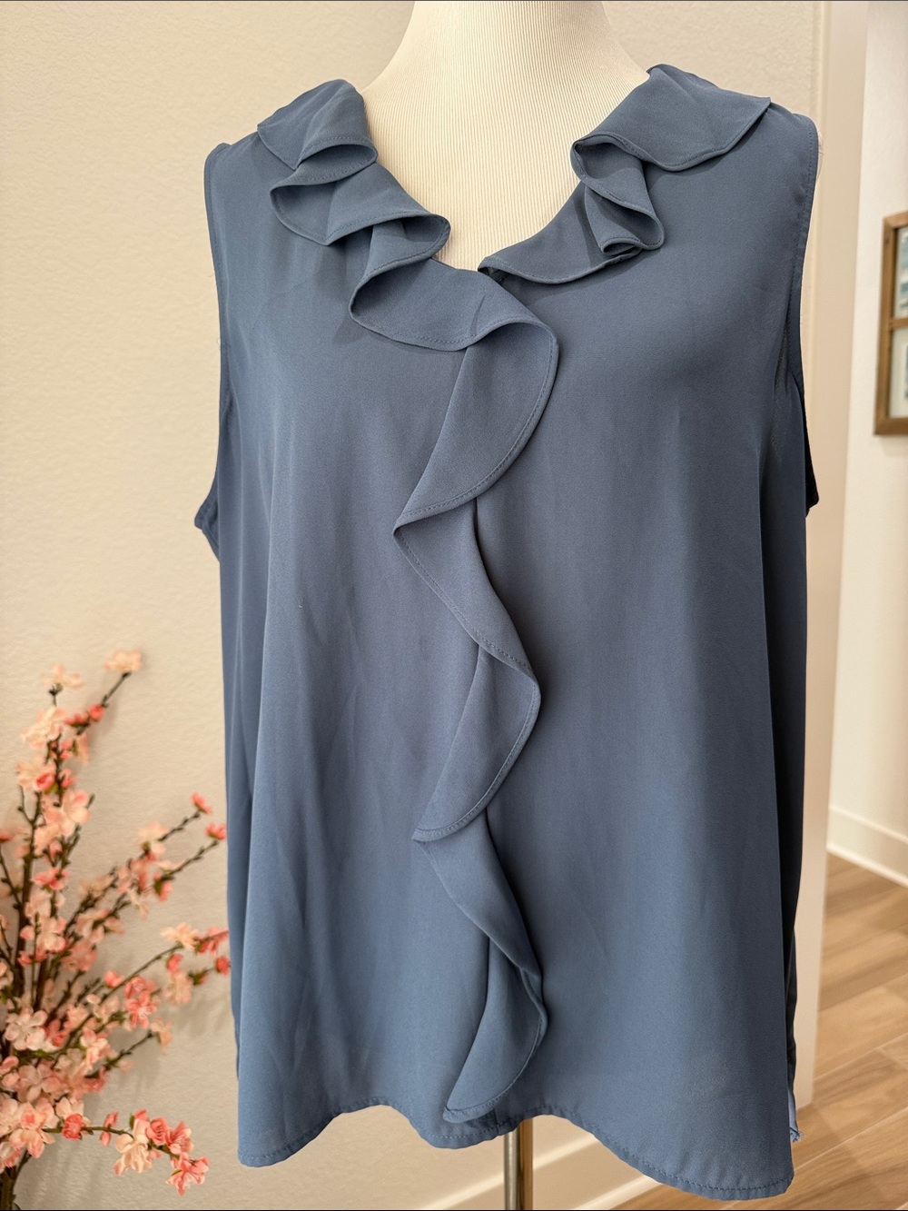 Vince Camuto Slate Blue Ruffle neckline Sleeveless Camisole Blouse